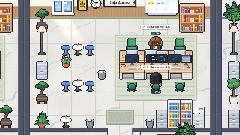 Uma sala de projeto de perto, com agentes em suas mesas.